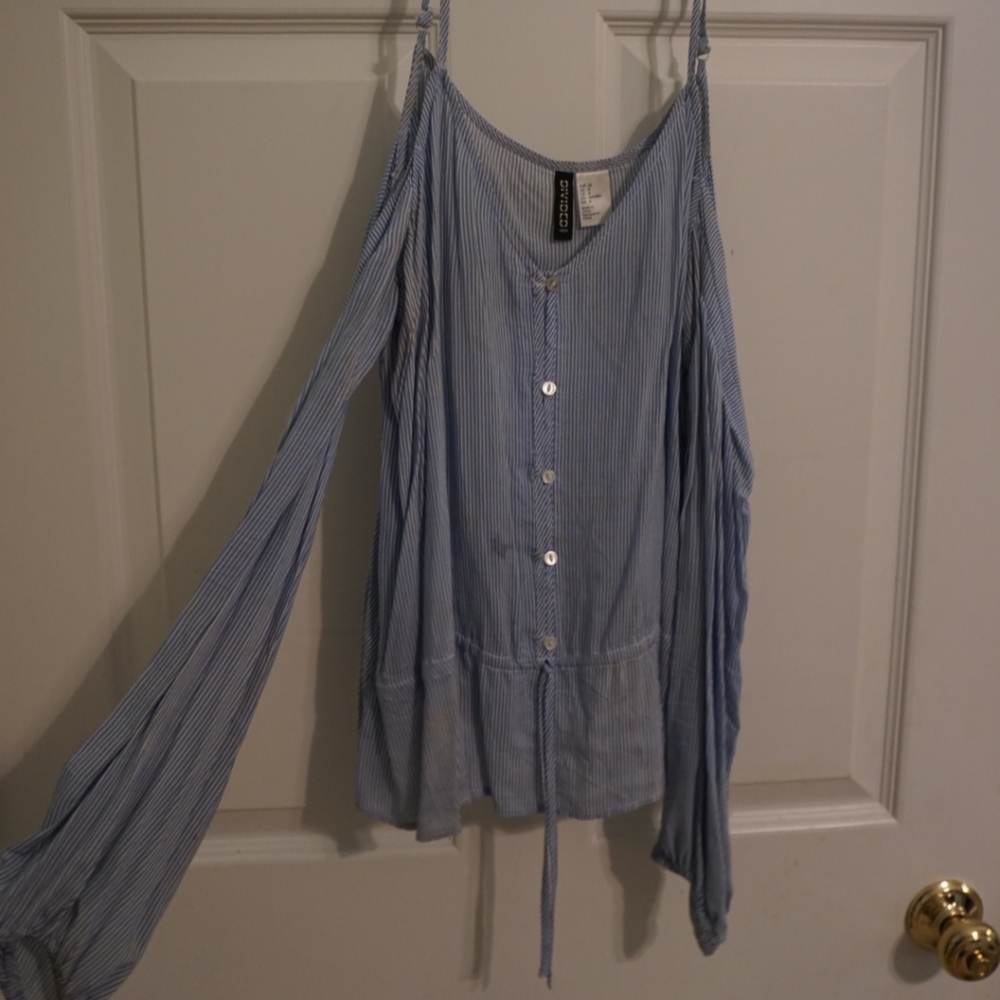 H&M Divided Blue and White Pinstripe Off the Shoulder Blouse, Size 8